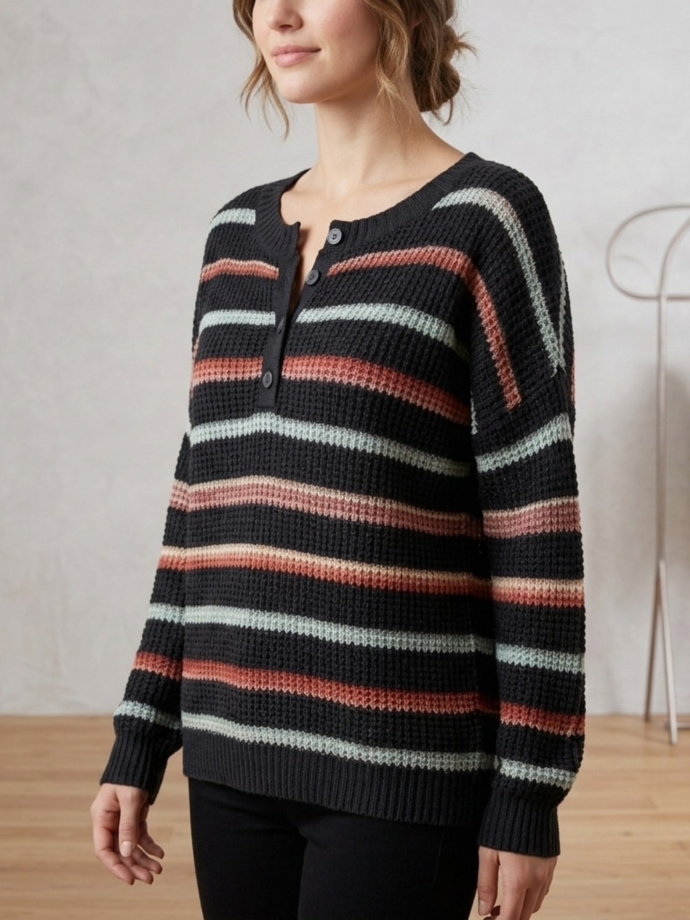 American Eagle Outfitters Black Striped Henley Sweater with Rust & Sage